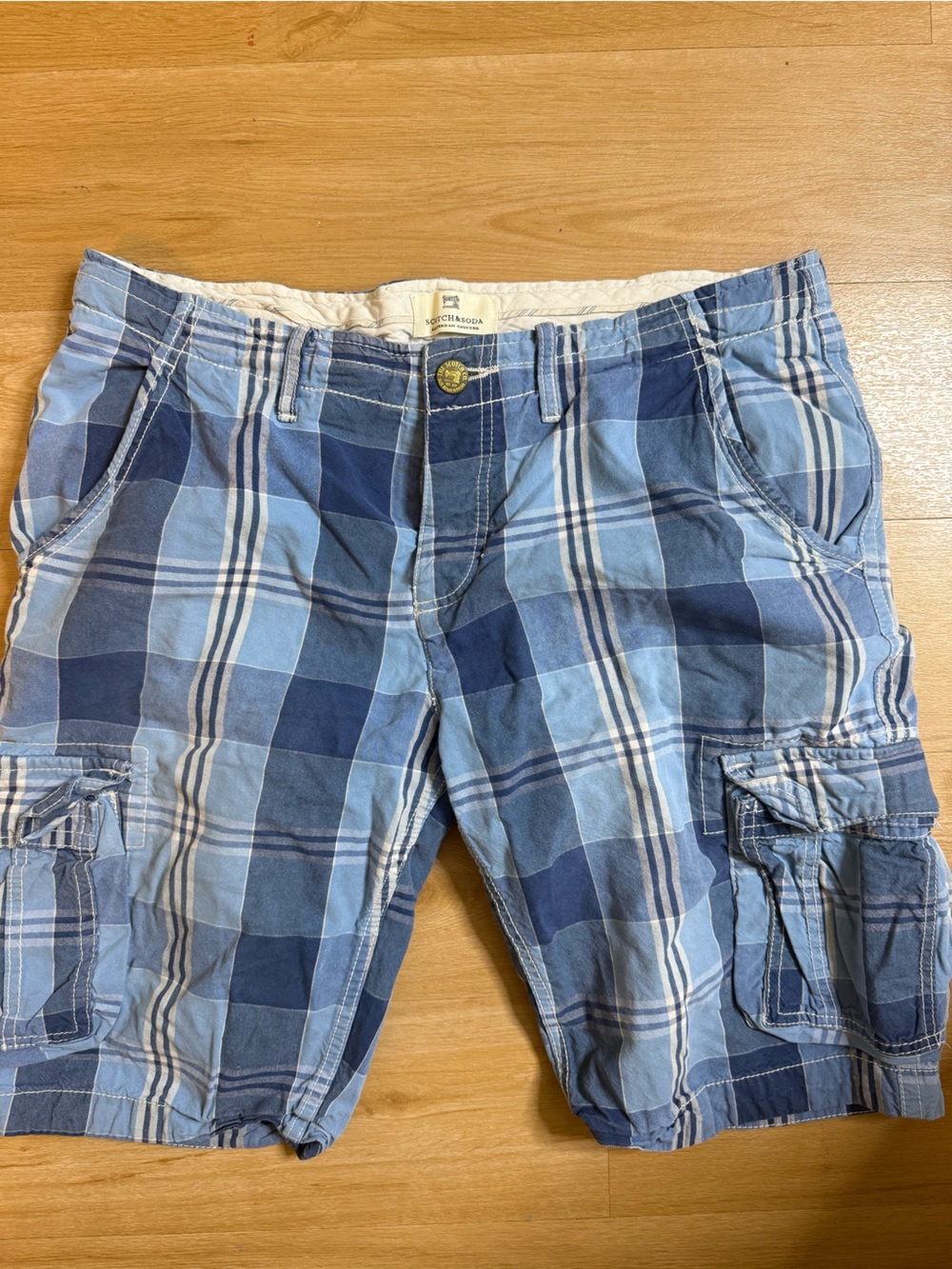 Scotch & Soda Blue and White Plaid Cargo Shorts Men's 34